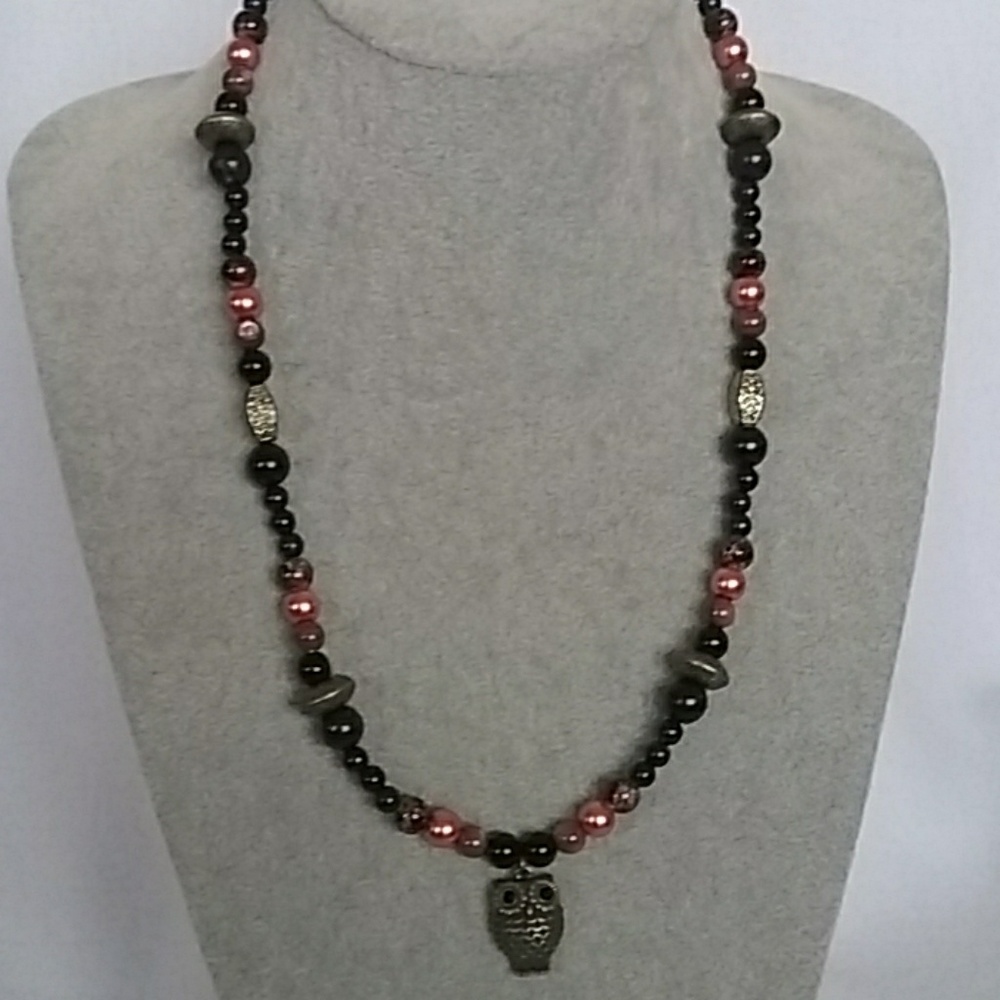Owl charm brown and coral beaded necklace